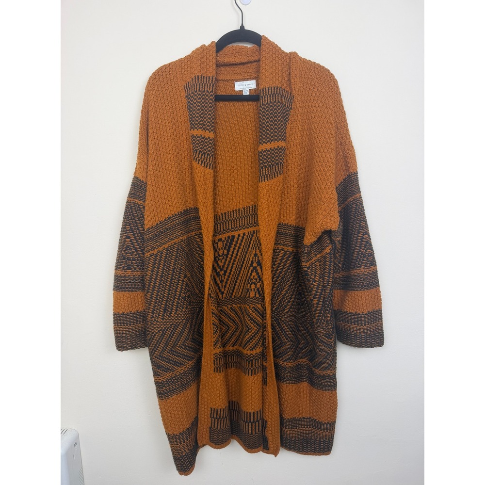 Lucky Brand Cardigan XL Rust Orange Black Geometric Open Front Boho Southwestern